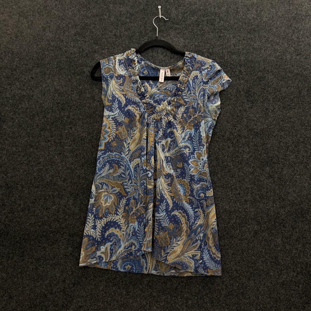 Sweet Pea Stacy Frati Vintage Y2K Blue Paisley Mesh Ruffle Top Large 20286